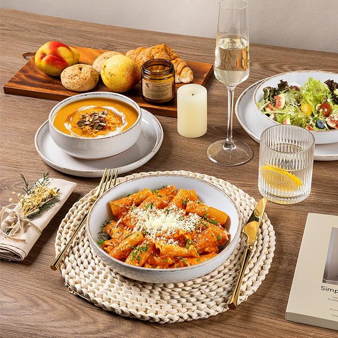 AmorArc Ceramic Dinnerware Sets with Pasta Bowls for 8, Handpainted Plates and Bowls Set with Rustic Terracotta Underside, Scratch Resistant Dishes Set, Dishwasher & Microwave Safe, 32 Pcs-White