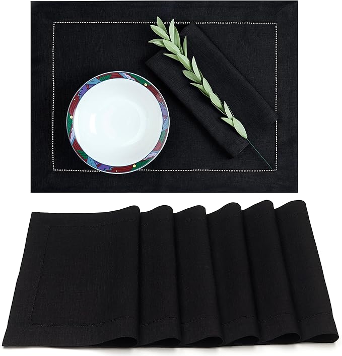 D'Moksha Homes Linen Placemats Set of 6 - Classic Hemstitch Black Placemats 14 x 19 Inch - 100% Pure Linen Table Mats for Winter, Holiday, New Year - Handcrafted and Machine Washable