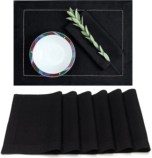 D'Moksha Homes Linen Placemats Set of 6 - Classic Hemstitch Black Placemats 14 x 19 Inch - 100% Pure Linen Table Mats for Winter, Holiday, New Year - Handcrafted and Machine Washable