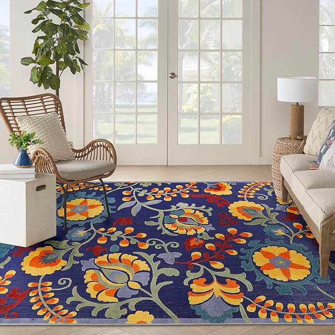 Nourison Home Aloha Navy Multicolor 9' x 12' Area Rug - Easy Clean, Non Shedding, Bed Room, Living Room, Dining Room, Kitchen (9' x 12')