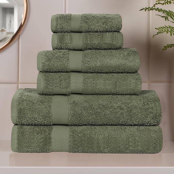 Superior 6-Piece Cotton Assorted Towel Set, Includes 2 Face/Washcloths, 2 Hand, and 2 Bath Towels, Lightweight Essentials, for Home, Beach, Bathroom, Quick Drying, Franklin Collection, Forest Green