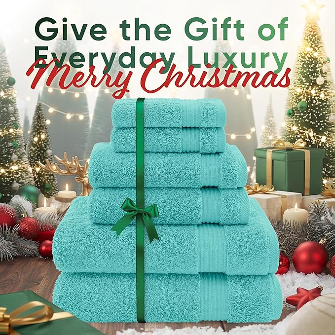 American Veteran Towel 100% Cotton Turkish 6 Piece Towel Set, Luxury Bath Towels Set of 6 for Bathroom Essentials, 2 Bath Towels 2 Hand Towels 2 Washcloths, Turquoise Blue