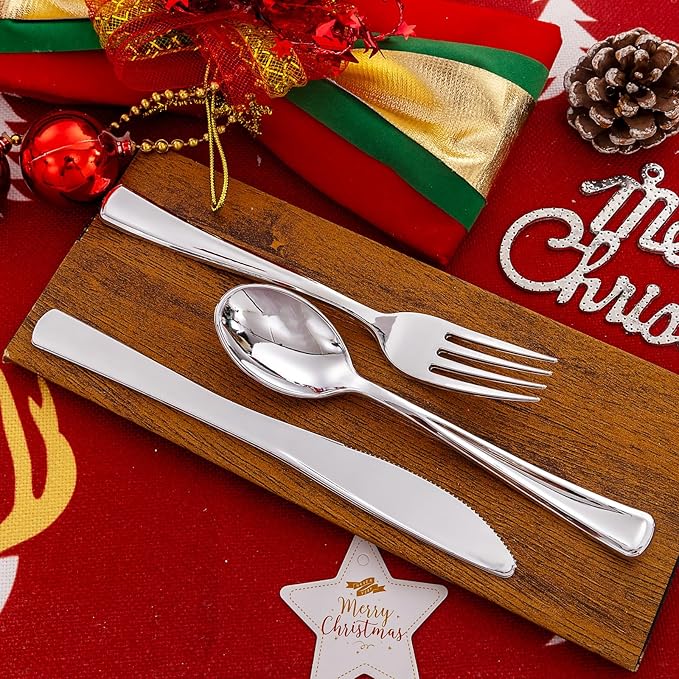 Liacere 200Pcs Silver Plastic Cutlery - Silver Plastic Silverware- Disposable Silverware - 100 Forks, 50 Spoons, 50 Knives Perfect for Wedding＆Christmas