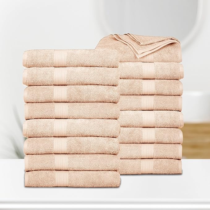 Ample Decor Bath Towels Pack of 16 600 GSM 100% Cotton, Absorbent Soft Premium Quality Machine Washable, Oeko Tex Certified, for Bathroom, Hotel, Spa, Gym, Kitchen - Beige - 30 X 54 Inch