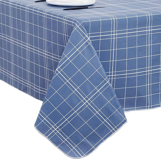 Heavy Duty Vinyl Tablecloth with Flannel Backing Waterproof Oil-Proof Plastic Table Cloth Stain-Resistant Wipeable Rectangle or Square Table Cover for Indoor and Outdoor (Blue Grid，60x102 Inch)