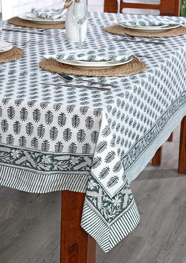 Ridhi Emerald Green Hand Block Print Cotton Rectangle Tablecloth 102" x 48" inches Reusable Table Cover Decorative Everyday Use for Dining, Farmhouse, Home, Party, Festive, Wedding, Fall