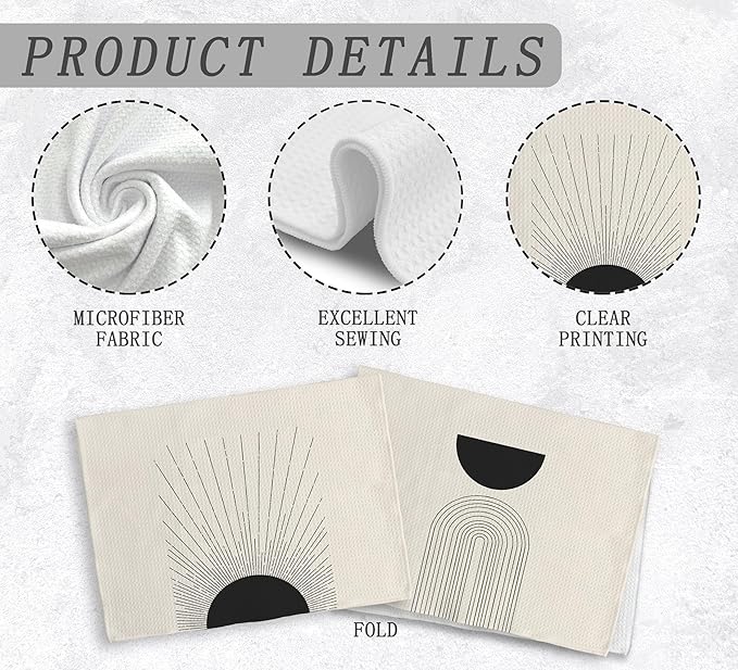 Black Boho Sun Sunray Geometric Arch Semi Circle Kitchen Towels and Dishcloths Set of 2, Absorbent Drying Cloth Hand Towels Tea Towels for Bathroom Kitchen, Gifts for Women Girls, 1624 inches