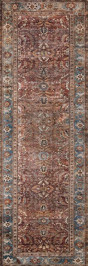 Loloi Layla Collection LAY-01 Brick/Blue 2'-6" x 9'-6" .13" Thick Runner Rug, Soft, Durable, Vintage Inspired, Distressed, Low Pile, Non-Shedding, Easy Clean, Printed, Living Room Rug