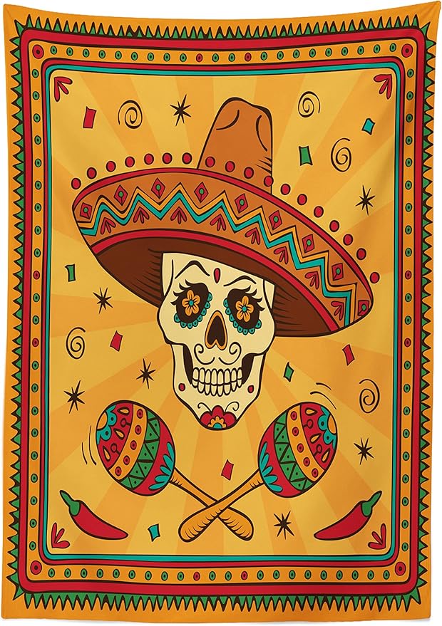 Ambesonne Mexican Tablecloth, Mexican Sugar Skull Cartoon Carnival Cartoon Traditional Celebration Print, Rectangular Table Cover for Dining Room Kitchen Decor, 60" X 90", Orange Teal