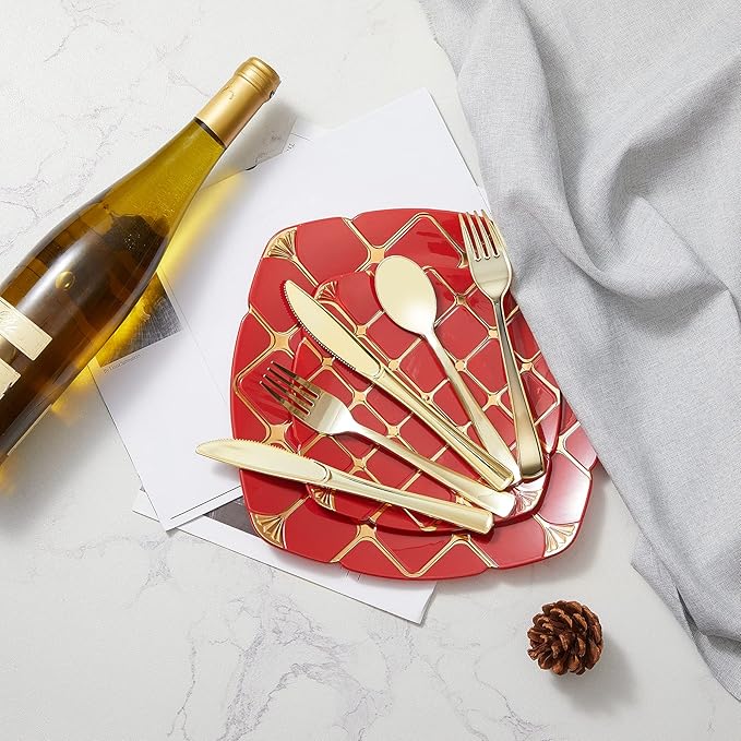 N9R 160pcs Gold Plastic Silverware - Gold Plastic Utensils Set - Tableware Flatware Kit 80 Forks, 40 Spoons, 40 Knives Disposable Cutlery Set for Party, Wedding, Birthday