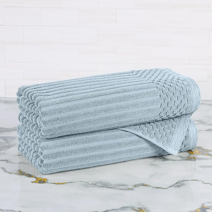 Cotton 2-Piece Solid and Ribbed Bath Towel Set, Bath Towels- 27" x 54", Slate Blue by Superior