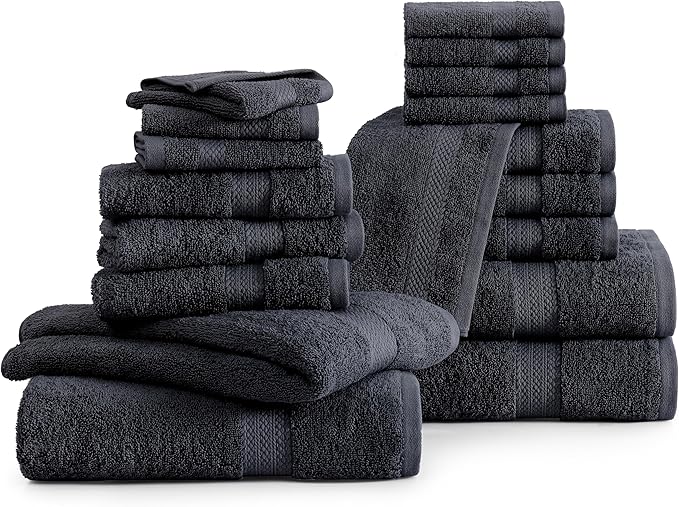 LANE LINEN 100% Ring Spun Cotton Black Bath Towel Set, 18PCs - 6 Hand, 8 Washcloths, 4 Shower Towels - Machine Washable & Sustainably Produced, Ultra Soft, Highly Absorbent & Pet Friendly