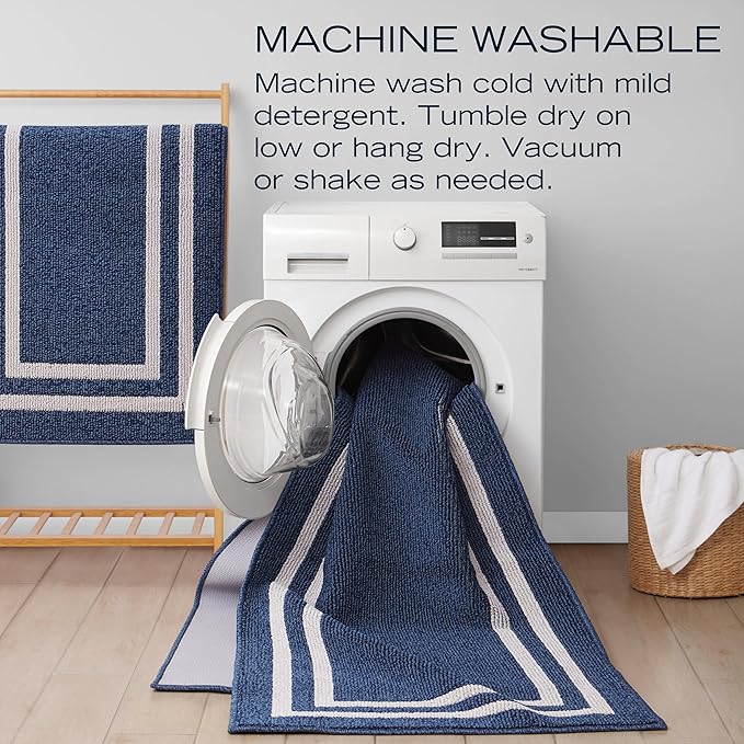 Nautica – Runner Rug | Indoor Runners for Hallways and Entry Rugs| Non-Slip and Non-Skid Entry and Kitchen Door Mat| Machine Washable Entryway Carpet Rugs | 2'2" x 3'9" | Double Border Denim