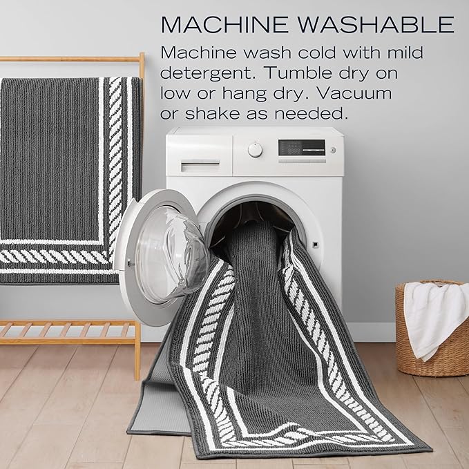 Nautica – Runner Rug | Indoor Runners for Hallways and Entry Rugs| Non-Slip and Non-Skid Entry and Kitchen Door Mat| Machine Washable Entryway Carpet Rugs | 2'2" x 5' | Rope Border Dark Grey