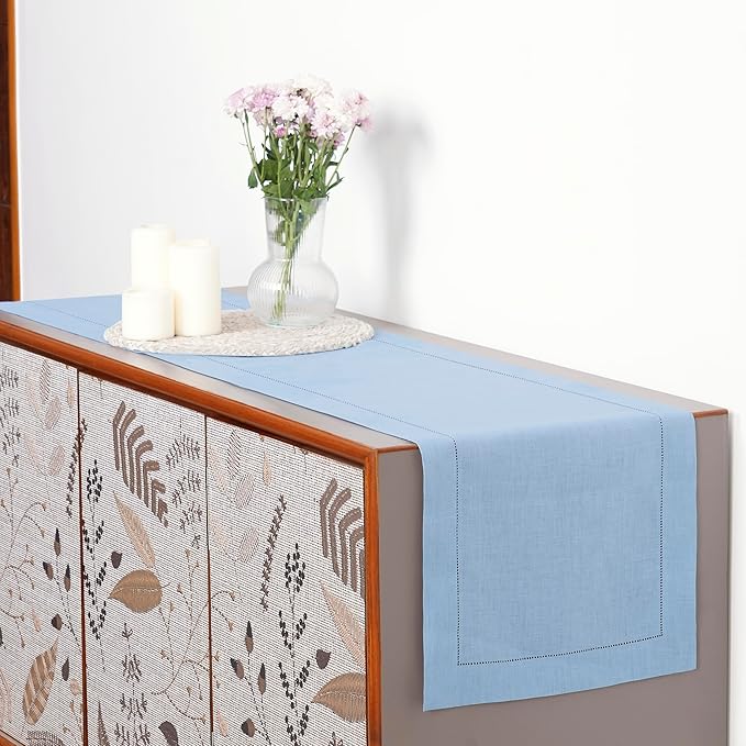 D'Moksha Homes Linen Powder Blue Table Runner 60 Inches - Classic Hemstitch, 100% Pure Linen Coffee Table Runner 14 x 60 Inch Ideal for Dresser Tables - Winter, Holiday, New Year