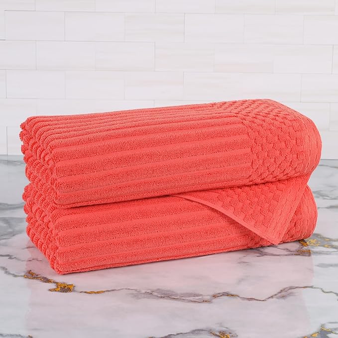 Cotton 2-Piece Solid and Ribbed Bath Towel Set, Bath Towels- 27" x 54", Coral by Superior