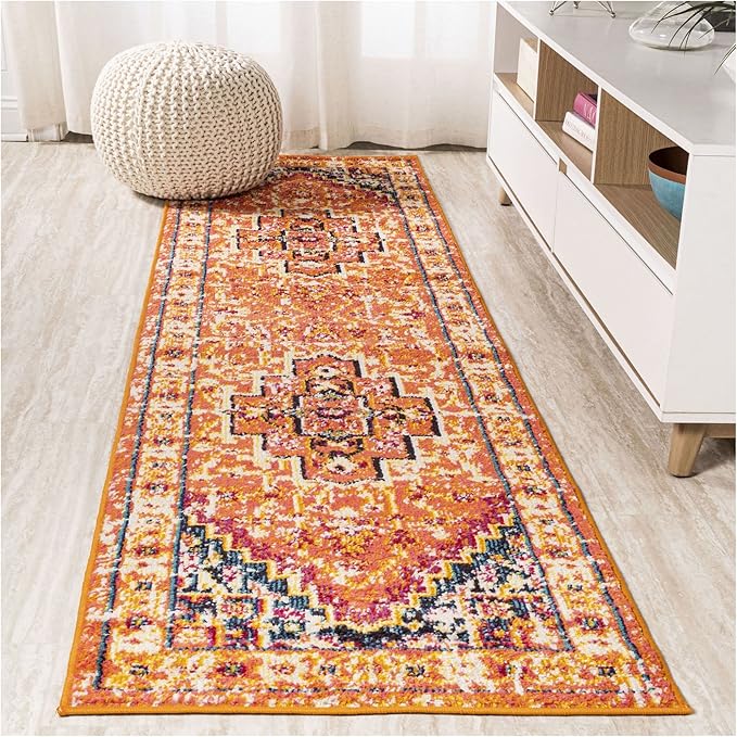 JONATHAN Y Brooklyn Geometric Medallion Blue/Beige Runner Rug, 2x8, Vintage, Bohemian, Easy-Cleaning for Living Room, Bedroom, Kitchen, Pet Friendly, Non-Shedding (MDP207A-28)