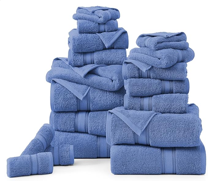 LANE LINEN Bathroom Towels Set of 18 – Zero Twist, 100% Mercerized Cotton, 6 Bath, 6 Handtowel & 6 Washcloths, Luxury Hotel Design, Perfect for Salon & Guests, Machine Washable – Cerulean Blue