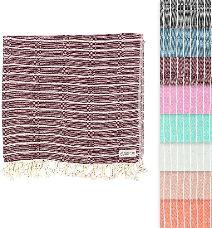 Sand Cloud Turkish Beach Towel - Sand Proof - 100% Certified Organic Turkish Towel - Quick Dry Towel for Beach, Picnic, Blanket or Bath - As Seen on Shark Tank - Gocek Burgundy