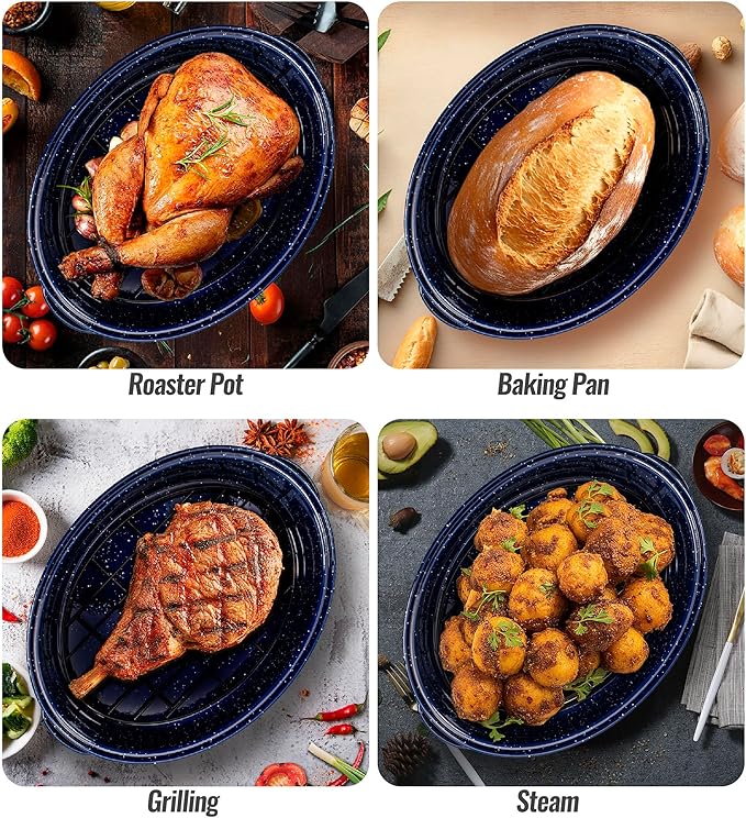 Roasting Pan with Lid and Rack 18" Deep Large Oval Enamel Roaster Pan, Oven Dishwasher Safe Non-Stick Non-Toxic Roast Pot for Turkey Steak Roasts & Bread, Wife's Christmas Gift