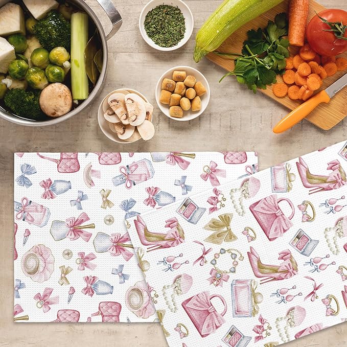 Coquette Bow Pink Bathroom Decor Kitchen Towels Set of 2, Women Fashion Hand Towels for Bathroom, Makeup Brush Perfume High Heel Modern Bath Decorative Tea Towel Dish Towels 16x24 Inch