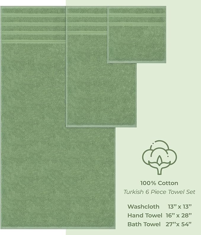 American Soft Linen Luxury 6 Piece Towel Set, 2 Bath Towels 2 Hand Towel 2 Washcloths, 600 GSM 100% Cotton Turkish Towels for Bathroom, Sage Green Towel Sets