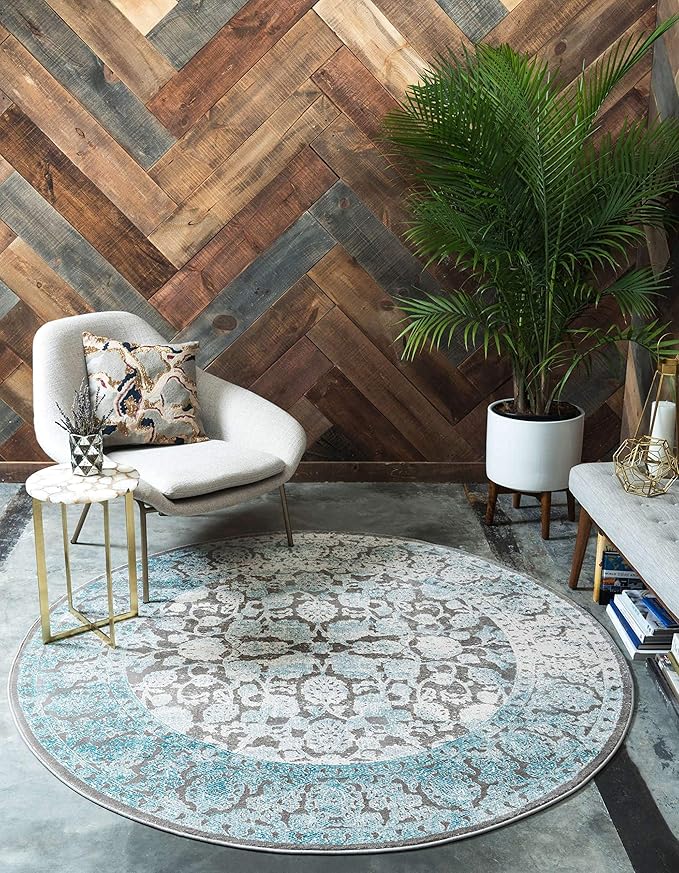 Unique Loom Traditional Classic Intricate Design with Distressed Vintage Detail, Area Rug (8' 0 x 8' 0 Round, Blue/ Gray)