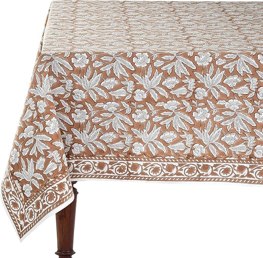 Ridhi Oak Brown Hand Block Print Cotton Rectangle Tablecloth 108" x 70" inches Reusable Table Cover Decorative Everyday Use for Dining, Farmhouse, Home, Party, Festive, Wedding, Fall