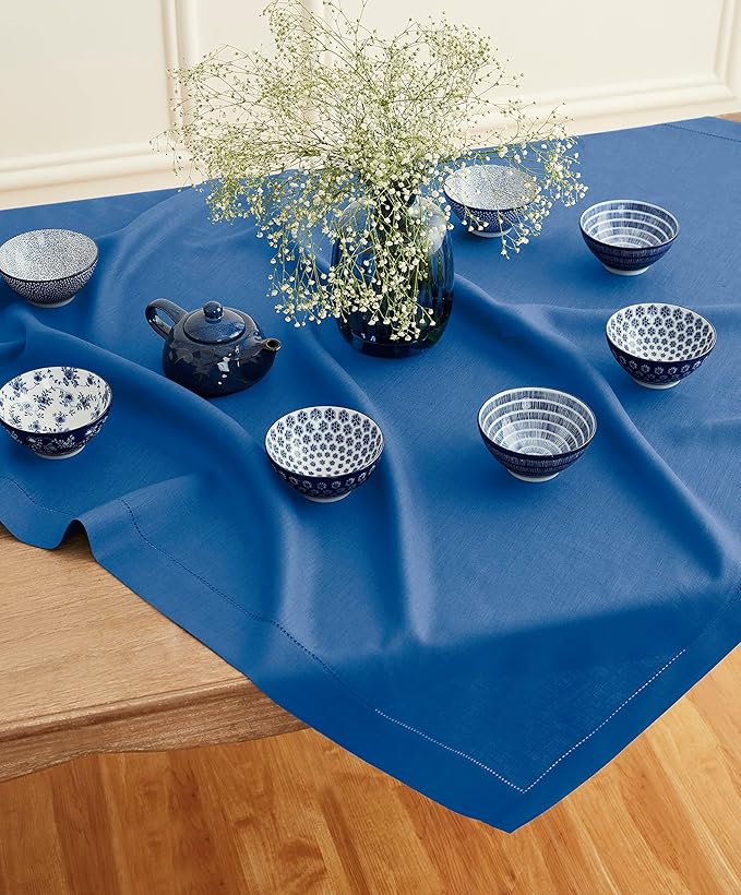 Solino Home Linen Square Tablecloth 52 x 52 Inch - 100% Pure Linen Indigo Blue Table Throw - Classic Hemstitch, Machine Washable Table Cloth for New Year
