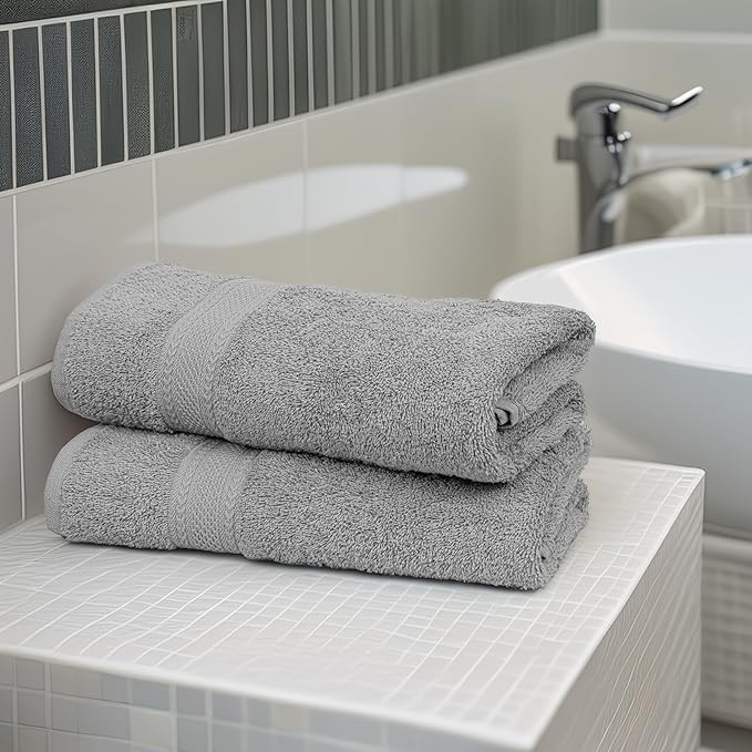 Large Bath Towels Set of 6 – 100% Cotton Terry – 24" x 50" – Quick Dry, Soft & Highly Absorbent – Light Grey Towels for Bathroom, Gym, Spa, Pool & Daily Use