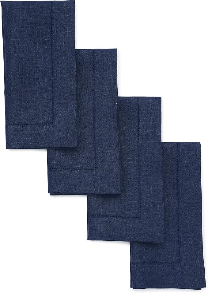 Solino Home Navy Blue Linen Napkins Set of 4-100% Pure Linen Hemstitch Dinner Napkins 20 x 20 Inch for Holiday, Winter, New Year - Classic Hemstitch