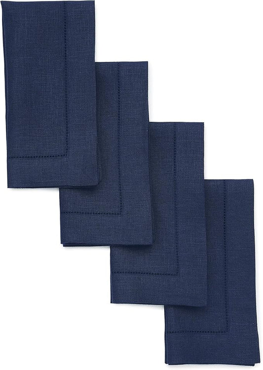 Solino Home Navy Blue Linen Napkins Set of 4-100% Pure Linen Hemstitch Dinner Napkins 20 x 20 Inch for Holiday, Winter, New Year - Classic Hemstitch