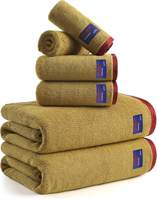 REDKISS 6 Pack Cotton Towel Set with Luxury Embellished Border, 600 GSM Ultra Soft & Highly Absorbent Bath Towels Set with 2 Bath, 2 Hand, 2 Washcloths for Bathroom, Gym, Spa, Hotel, Mustard Yellow