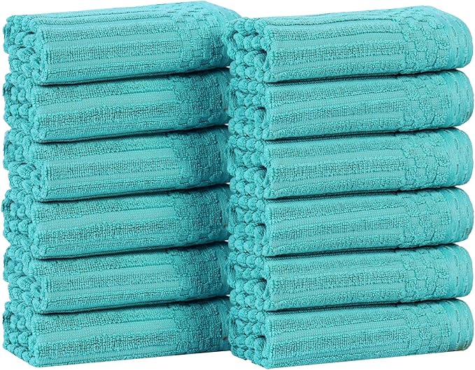 Superior Cotton Face Towel/Washcloth Set of 12, Daily Use for Bathroom, Guest Bath, Quick Dry Small Towels, Face, Hand, Gym, Spa, Hotel, Absorbent, Essentials, Ribbed, Soho Collection, Turquoise