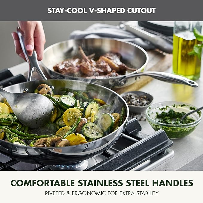 GreenPan Valencia Tri-Ply Stainless Steel 3 Piece Frying Pan Set (8", 9.5" & 11" Skillets), Induction Ready, Mirror Finish, Dishwasher & Oven/Broiler Safe to 600F, Compatible with All Cooktops, Silver