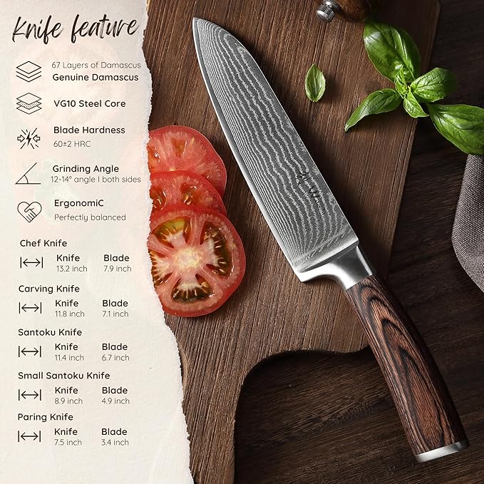 Wakoli EDIB 5-Piece Damascus Knife Set – Professional Chef Knives Set with VG10 Core Blades, 67-Layer Damascus Steel and Ergonomic Pakkawood Handles – Premium Kitchen Knives in Wooden Gift Box