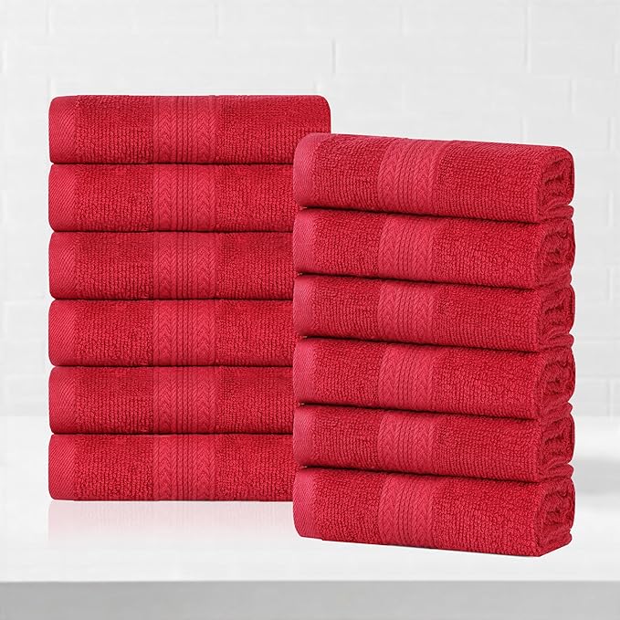 Superior Eco-Friendly Cotton 12-Piece Face Towel/Washcloth Set, Small, Fast Drying Towels for Face, Spa, Resort, Hotel, Hand, Shower, Guest Bathroom, Home, Airbnb, Apartment Essentials, Cranberry