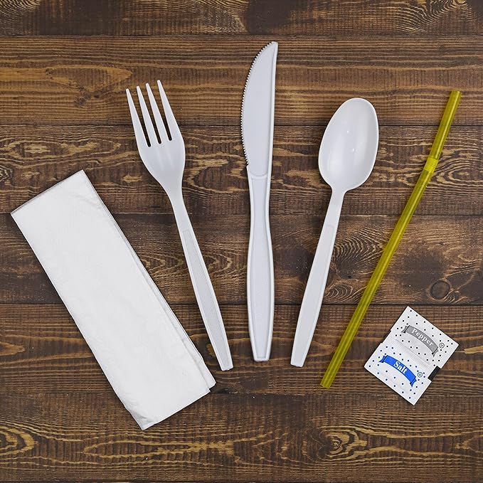 100 pack | Individually wrapped Cutlery set | White Heavy Duty Cutlery | Utensil set with Fork, spoon, knife, Napkin, Straw and Salt/Pepper packets (6 in 1) | Plastic Disposable Flatware Cutlery Kits