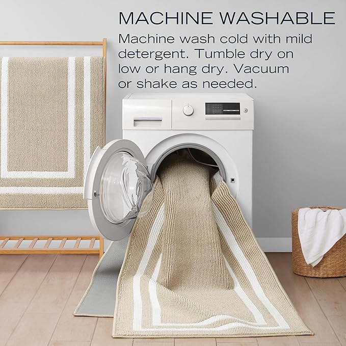 Nautica – Runner Rug | Indoor Runners for Hallways and Entry Rugs| Non-Slip and Non-Skid Entry and Kitchen Door Mat| Machine Washable Entryway Carpet Rugs | 2'6" x 10' | Double Border Beige