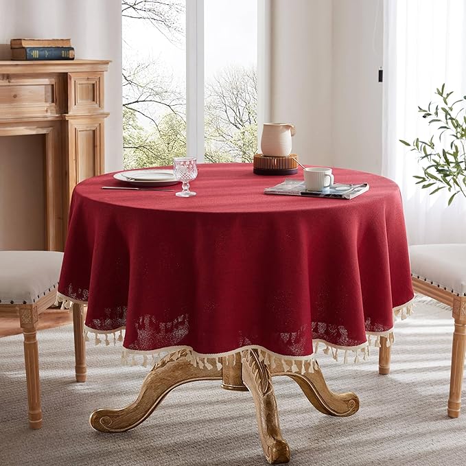 Linen Tablecloth with Tassels, Farmhouse Style Burgundy Tablecloth, Water Resistant Burlap Tablecloths for Round Table, 60 Inch Round Burgundy