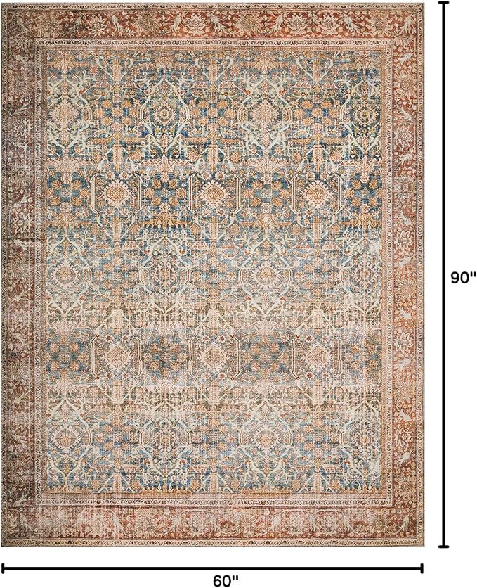 Loloi Layla Collection LAY-04 Ocean/Rust 5'-0" x 7'-6" .13" Thick Area Rug, Soft, Durable, Vintage Inspired, Distressed, Low Pile, Non-Shedding, Easy Clean, Printed, Living Room Rug