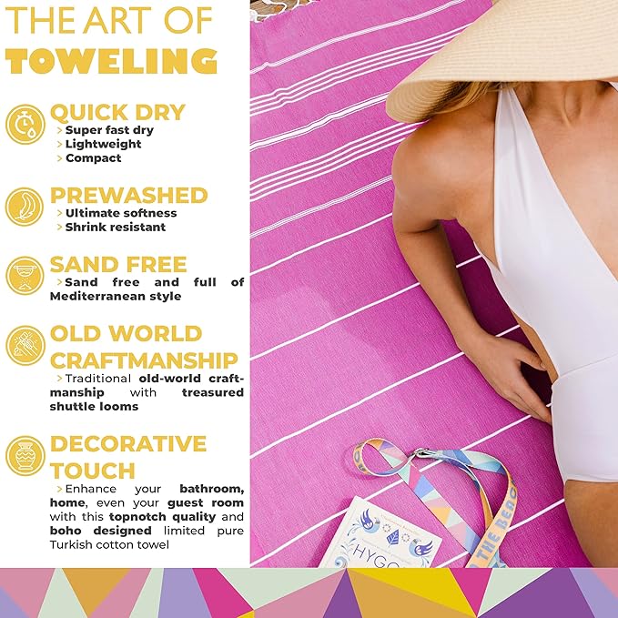 Madamelique Turkish Beach Towel with Beach Bag - 39 x 74 - Prewashed Beach Towels Oversized -%100Cotton - Quick Dry - Sand Free - Hand Loomed Turkish Bath Towels - Unique Absorbent Towel (Pink)