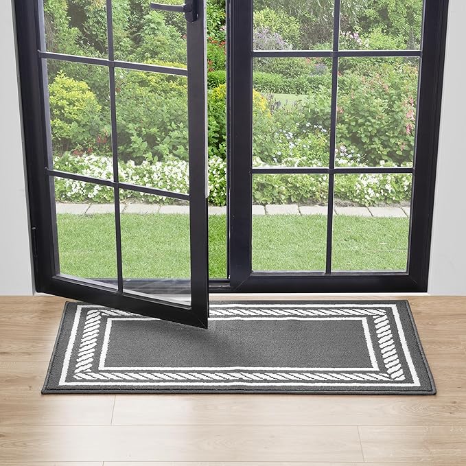 Nautica – Runner Rug | Indoor Runners for Hallways and Entry Rugs| Non-Slip and Non-Skid Entry and Kitchen Door Mat| Machine Washable Entryway Carpet Rugs | 2'2" x 3'9" | Rope Border Dark Grey