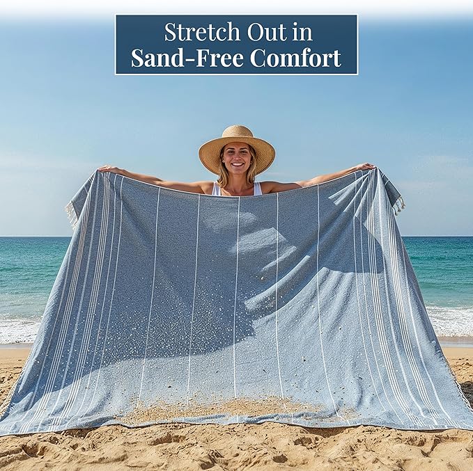 LANE LINEN Beach Towels Oversized - Picnic Blankets (82x82), Sand- Free Beach Accessories Must Haves for Family Vacations, Park Outings with Easy Carry, Quick Setup & Dry, Machine Washable – Sky Blue