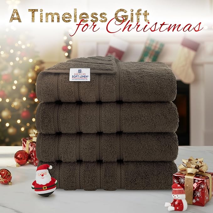 American Soft Linen Luxury 4 Piece Bath Towels, 600 GSM 100% Cotton Turkish Bath Towels for Bathroom, 27x54 in Extra Large Bathroom Shower Towels, Brown