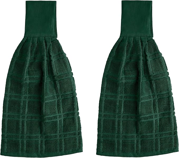 Blue Needles Hanging Kitchen Towels - Forest Green 100% Cotton Solid Kitchen Tie Towel, Set of 2 Hand Dish Cloth with Hanging Loops 9 x 17 Inches, Absorbent, Super Soft, and Fast Drying Home Essential