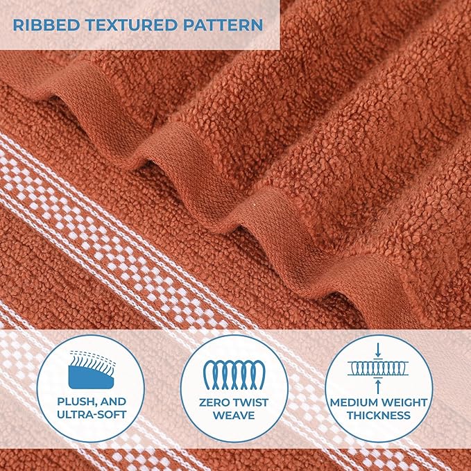 Superior Cotton Face Towel/Washcloth Set, Zero Twist, Ribbed Geometric, Small Facial Towels, Spa, Hotel, Guest, Home, Bathroom Basics, Plush Soft Absorbent, Luxury Quick Drying, Set of 12, Rust