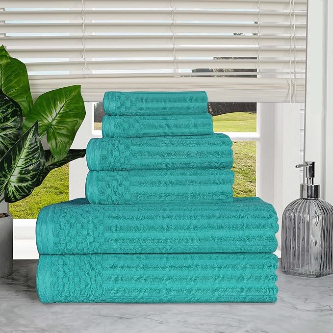 Cotton 6-Piece Solid and Ribbed Towel Set, Face Towels 13” x 13”, Hand Towels 16” x 28”, Bath Towels 27” x 54”, Turquoise by Superior