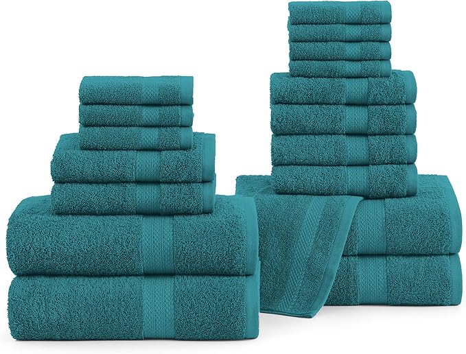 LANE LINEN 100% Ring Spun Cotton Bath Towel Set, 18PCs - 8 Washcloths, 4 Shower Towels, 6 Hand Towels for Bathroom - Hotel Quality Softness & Oeko-Tex Certified, Ultra Absorbent - Sea Port