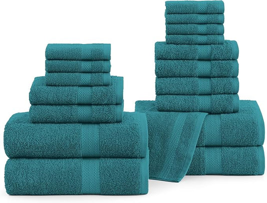 LANE LINEN 100% Ring Spun Cotton Bath Towel Set, 18PCs - 8 Washcloths, 4 Shower Towels, 6 Hand Towels for Bathroom - Hotel Quality Softness & Oeko-Tex Certified, Ultra Absorbent - Sea Port